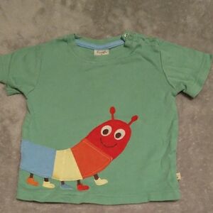 Frugi Green Short-Sleeve Kids Tee with Caterpillar Appliqué